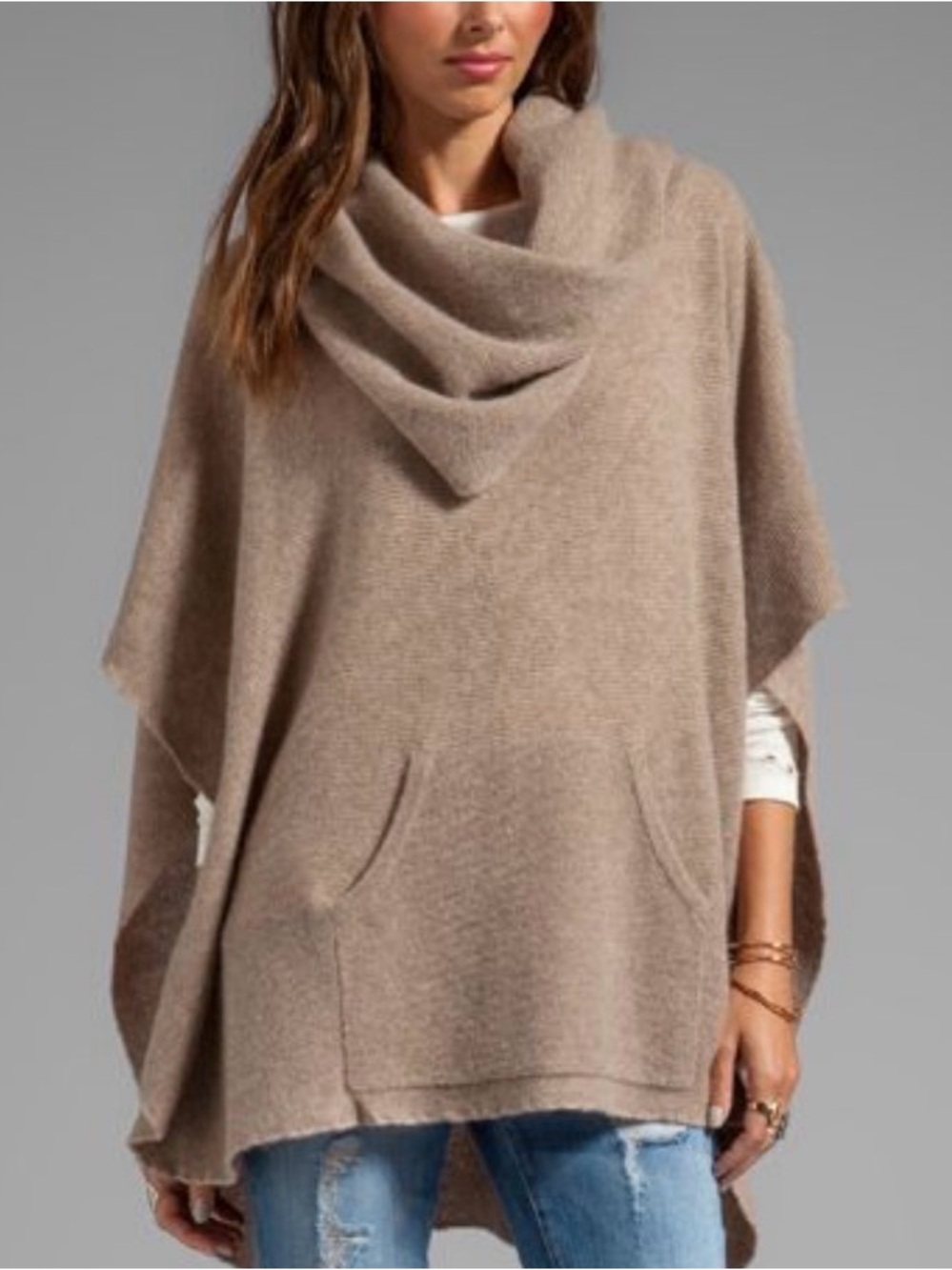 360 Cashmere Heathered Tan Cowl Neck Poncho 100% Cashmere Sweater OS
